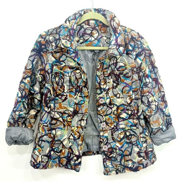 KakTus Gray Colorful All Over Yarn Embellished Button Front Blazer Jacket - Picture 3 of 16